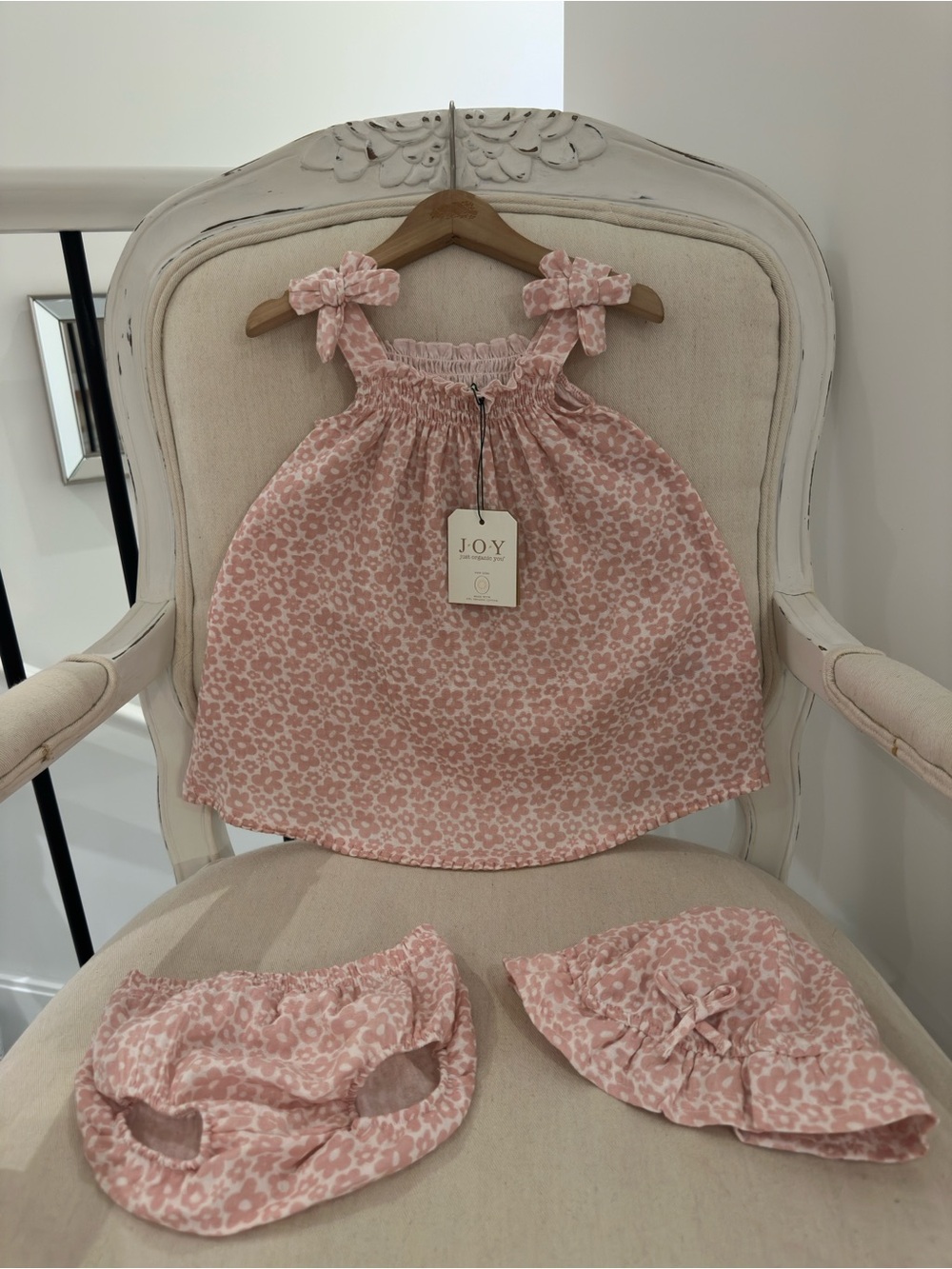 🦢 18 Mth Organic Cotton Pink Floral Tie-Shoulder Baby Dress with Bloomers & Hat